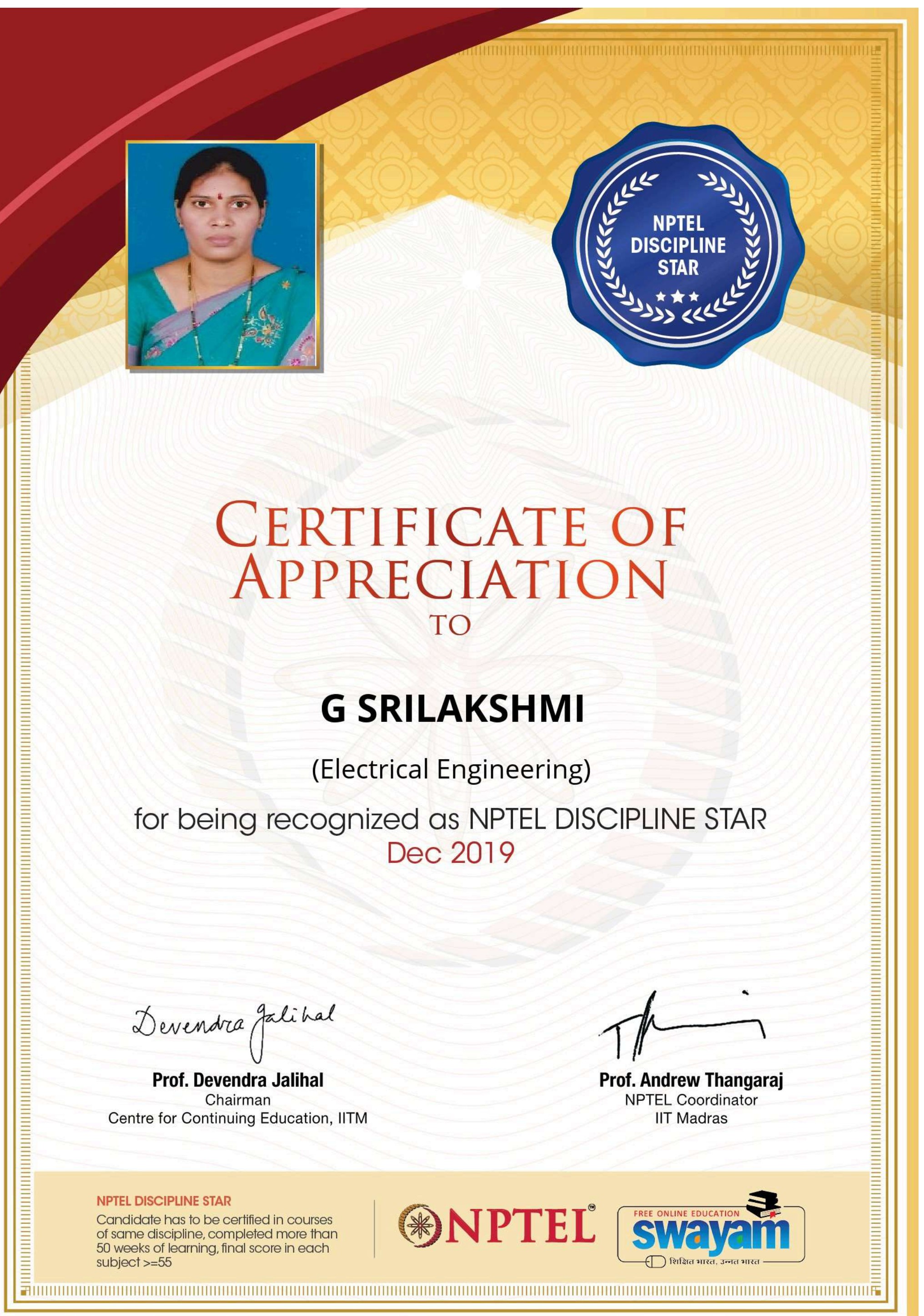 NPTEL Discipline Star Certificate